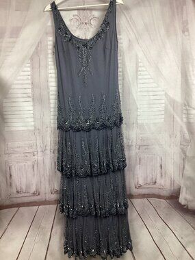 Stenay Black Gray Beaded Tiered Maxi Dress Scalloped Beaded Gown 10 NWT
